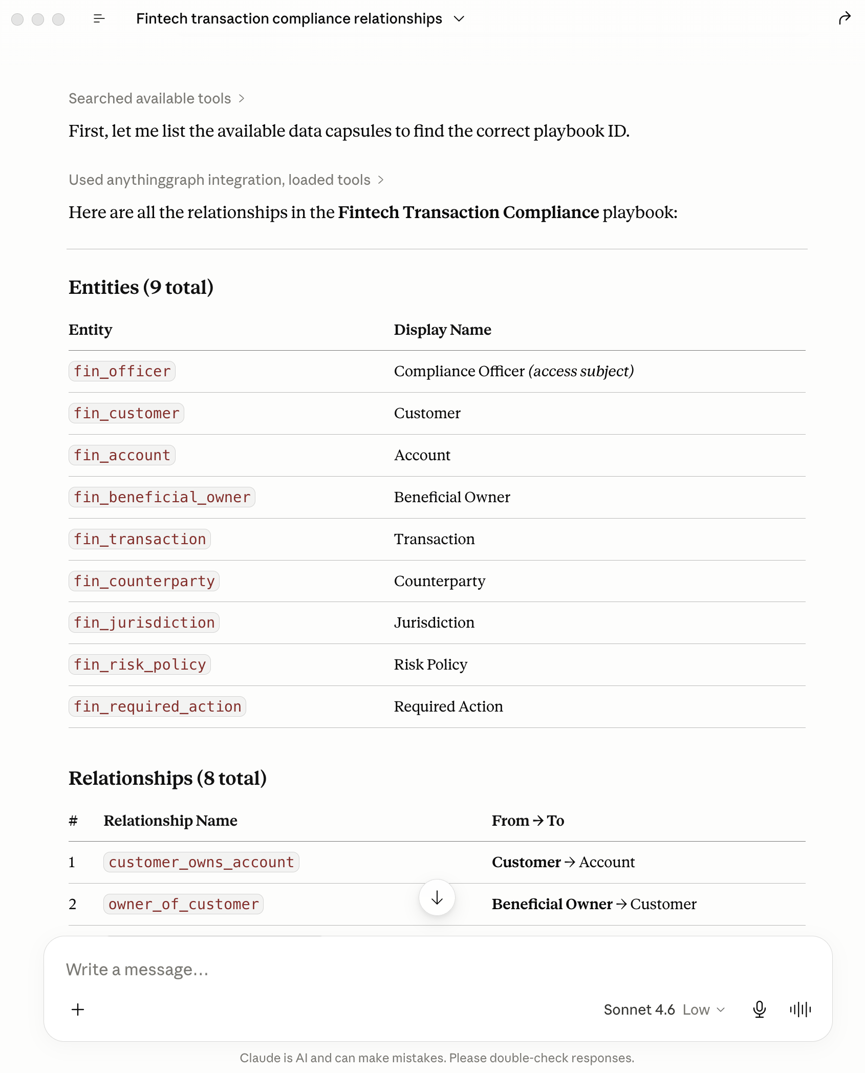 Claude listing entities and relationships from the Fintech transaction compliance playbook via MCP
