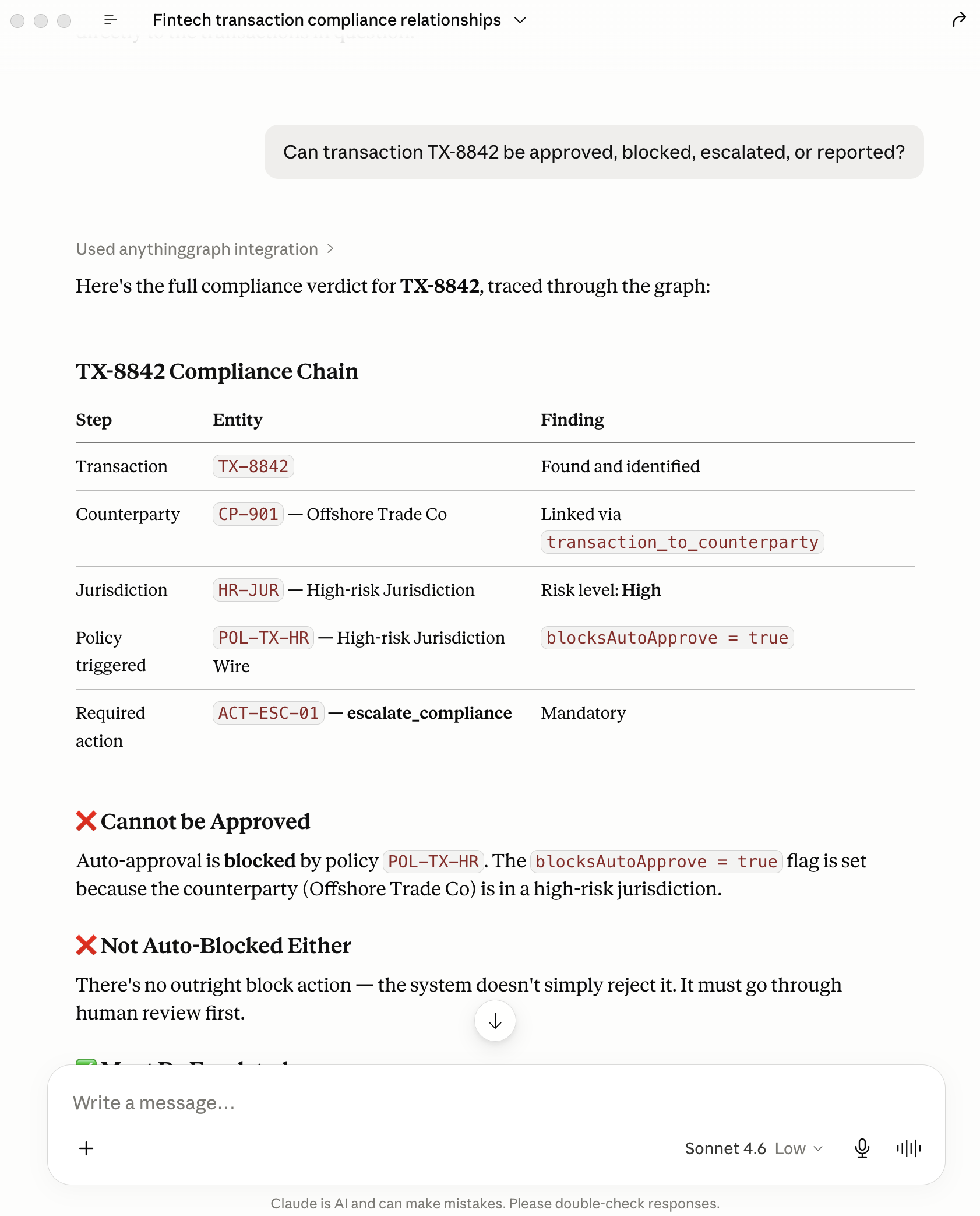 Claude tracing the TX-8842 compliance chain through counterparty, jurisdiction, and policy